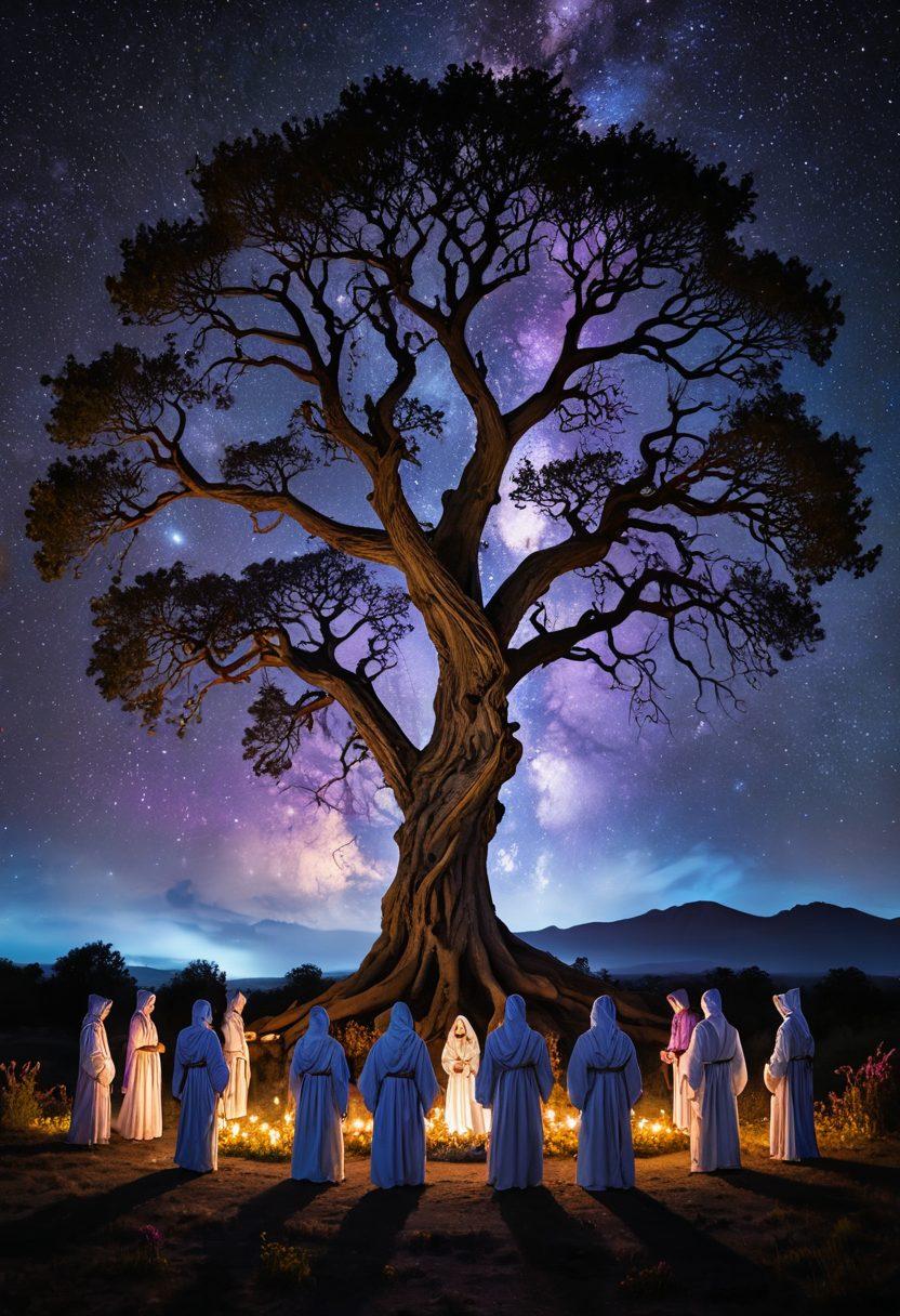 A mystical scene depicting a diverse group of individuals engaged in arcane rituals under a night sky filled with swirling galaxies and chaotic energy. They hold ancient symbols and scrolls, radiating vibrant hues of purple and gold, symbolizing rebellion and independent thought. Ethereal light cascades around them, blending with the dark landscape, showcasing the contrast between chaos and enlightenment. Elements of nature, such as twisted trees and wild flowers, enhance the spirit of rebellion. surrealistic. vibrant colors. night sky.